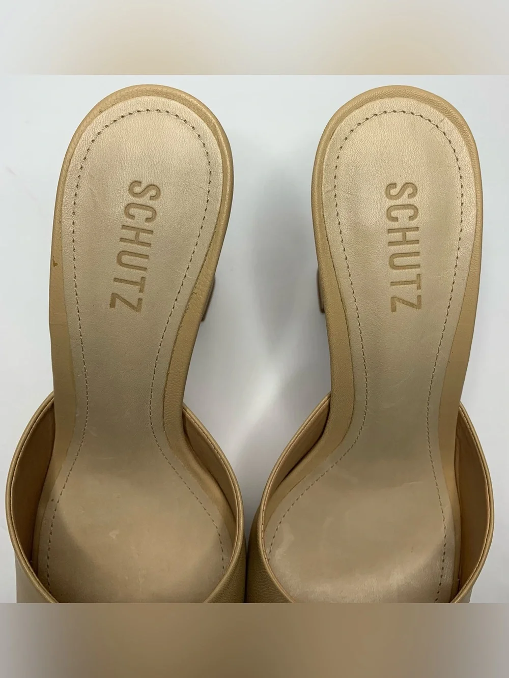 Schutz Nude Platform Mule Heels Square Toe Sculptural Heel